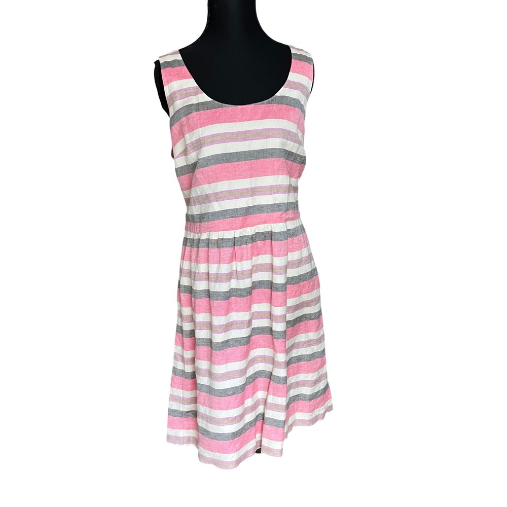 LOFT Linen Striped Pink Gray White Sleeveless Keyhole Back Sun Dress Size 12